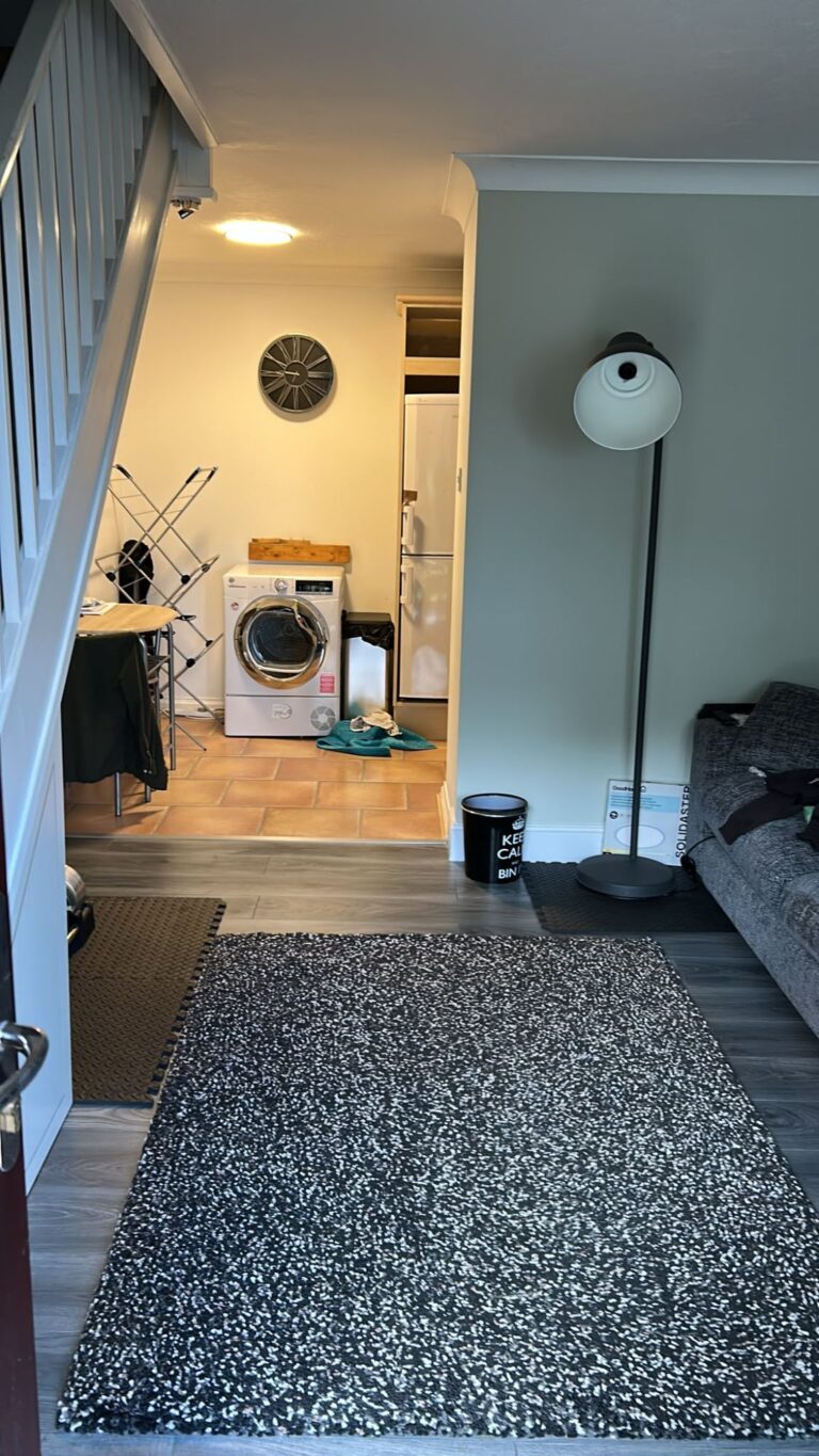 Max's living room after: new grey laminate flooring and freshly painted sage green walls